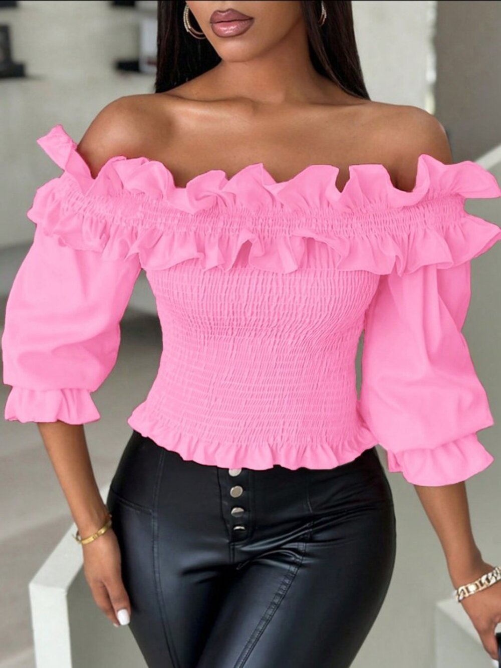 Pink Casual Women's Ruffle Decor Off Shoulder Cropped Top - Picture 6 of 6